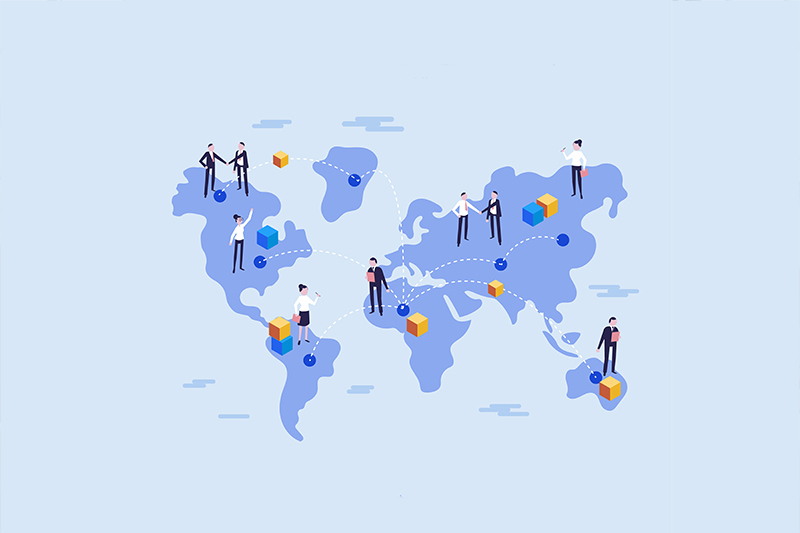 Desenho simplificado do mapa do mundo mostra pessoa se cumprimentando, dando a entender que estão fazendo negócios. A ilustração passa a ideia de que o comércio exterior é uma alternativa de negócios viável